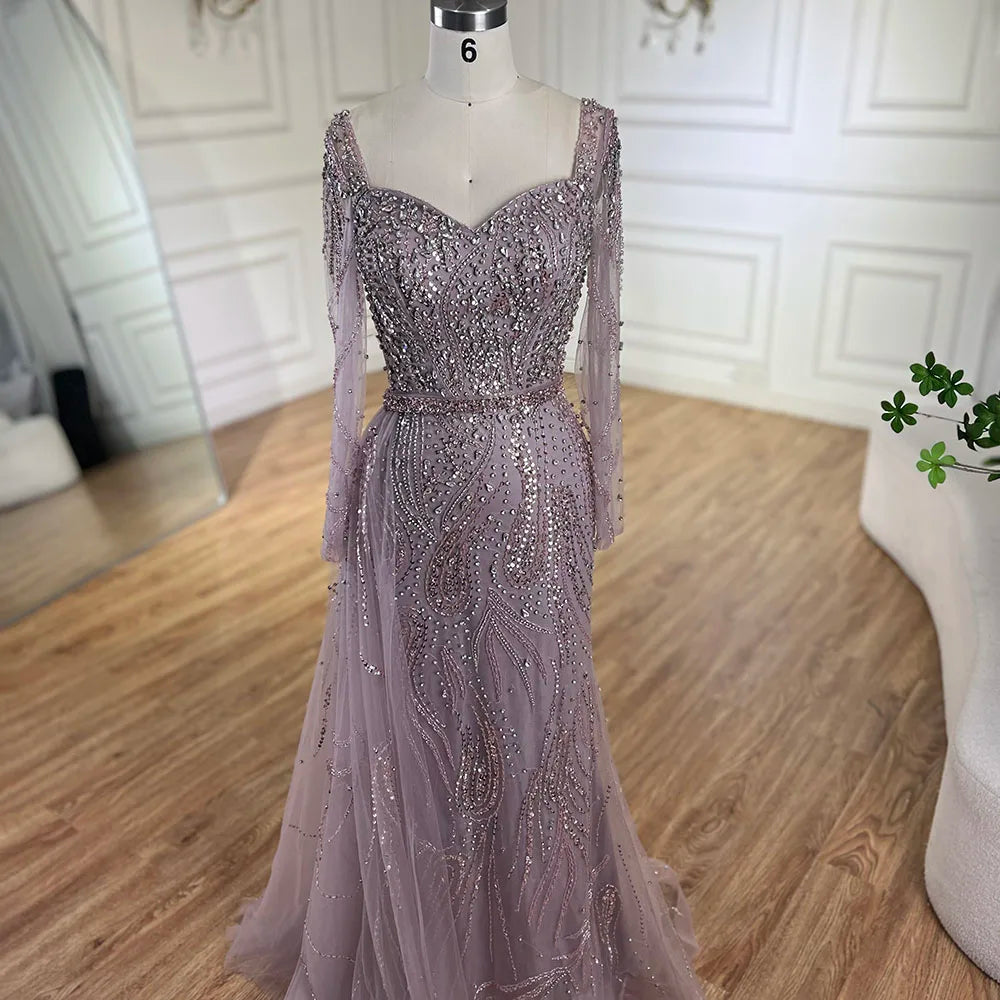 Serene Hill Arabic Pink Elegant Mermaid Overskirt Luxury Beaded Long Evening Dresses Gowns For Formal Occasion 2024 LA72441