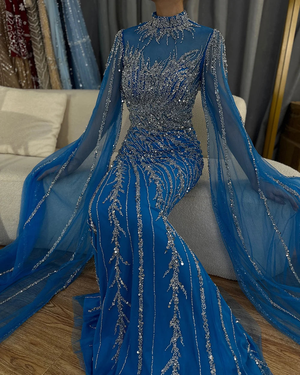Serene Hill 2024 Nude Cape Sleeves Mermaid Lace Beaded Luxury Dubai Long Evening Dresses Gowns For Formal Occasion LA71885A