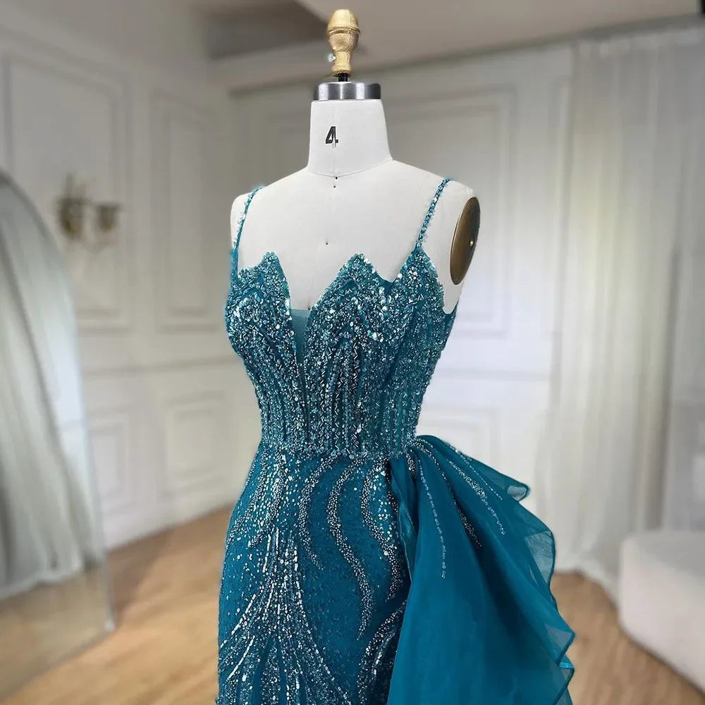SERENE HILL 2024 Turquoise Spaghetti Strap Luxury Beaded Evening Dresses Mermaid Elegant Overskirt Gown For Women Party GLA72378
