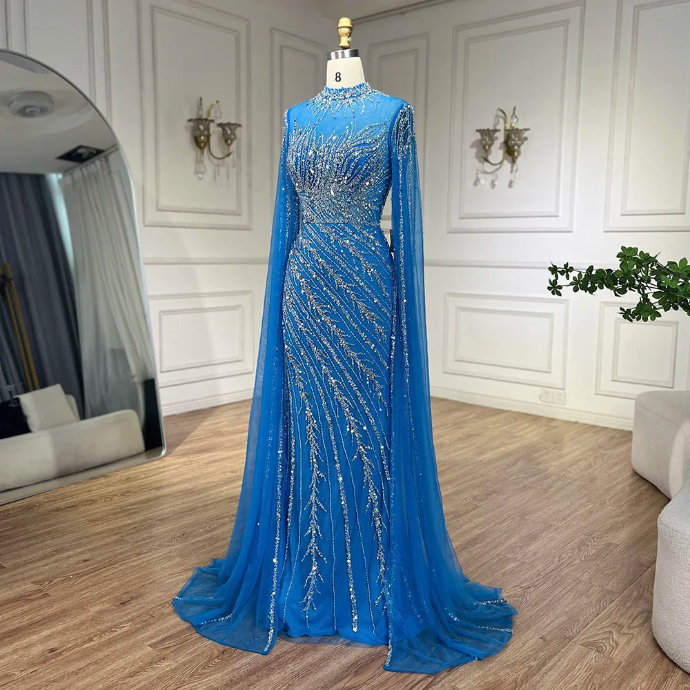 Serene Hill 2024 Nude Cape Sleeves Mermaid Lace Beaded Luxury Dubai Long Evening Dresses Gowns For Formal Occasion LA71885A