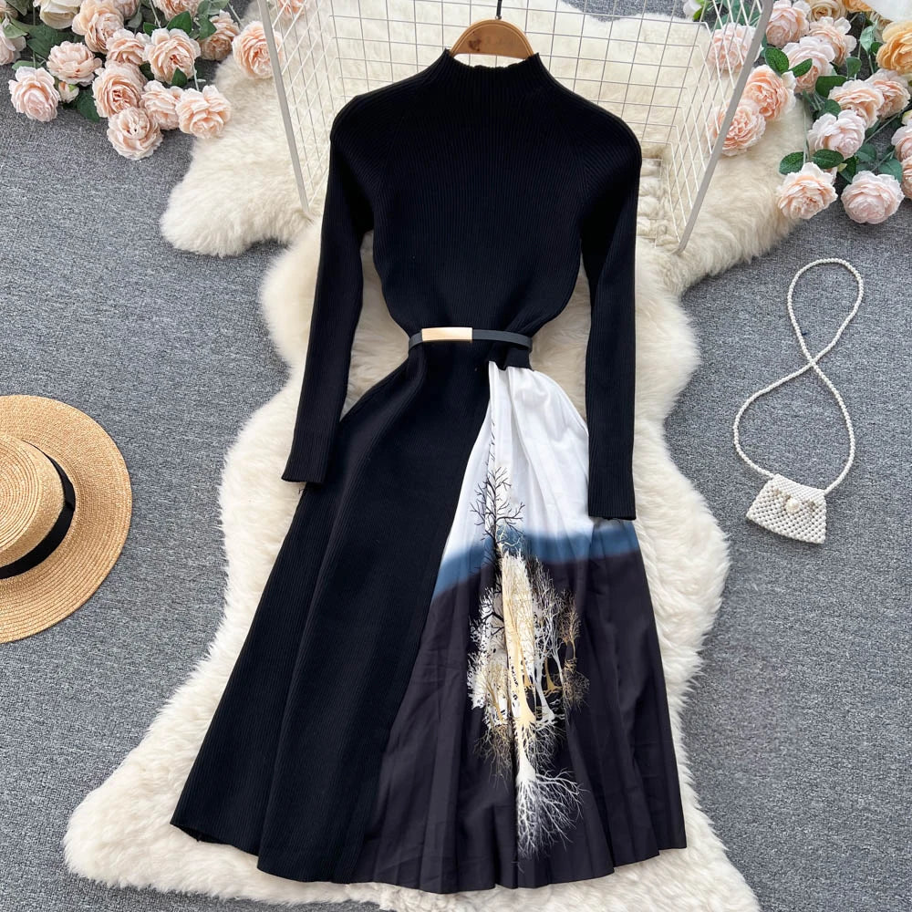 Elegant Chic Print Patchwork Knit Dress French Long Sleeve Party A-line Vestidos High Waist Basic Slim Women Autumn Winter Dress