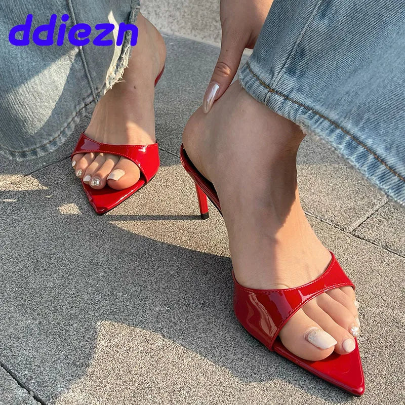 Female Red Footwear Pumps Slides Heels Shoes For Women New In 2024 Luxury Fashion Pointed Toe Ladies Thin High Heels Shoes