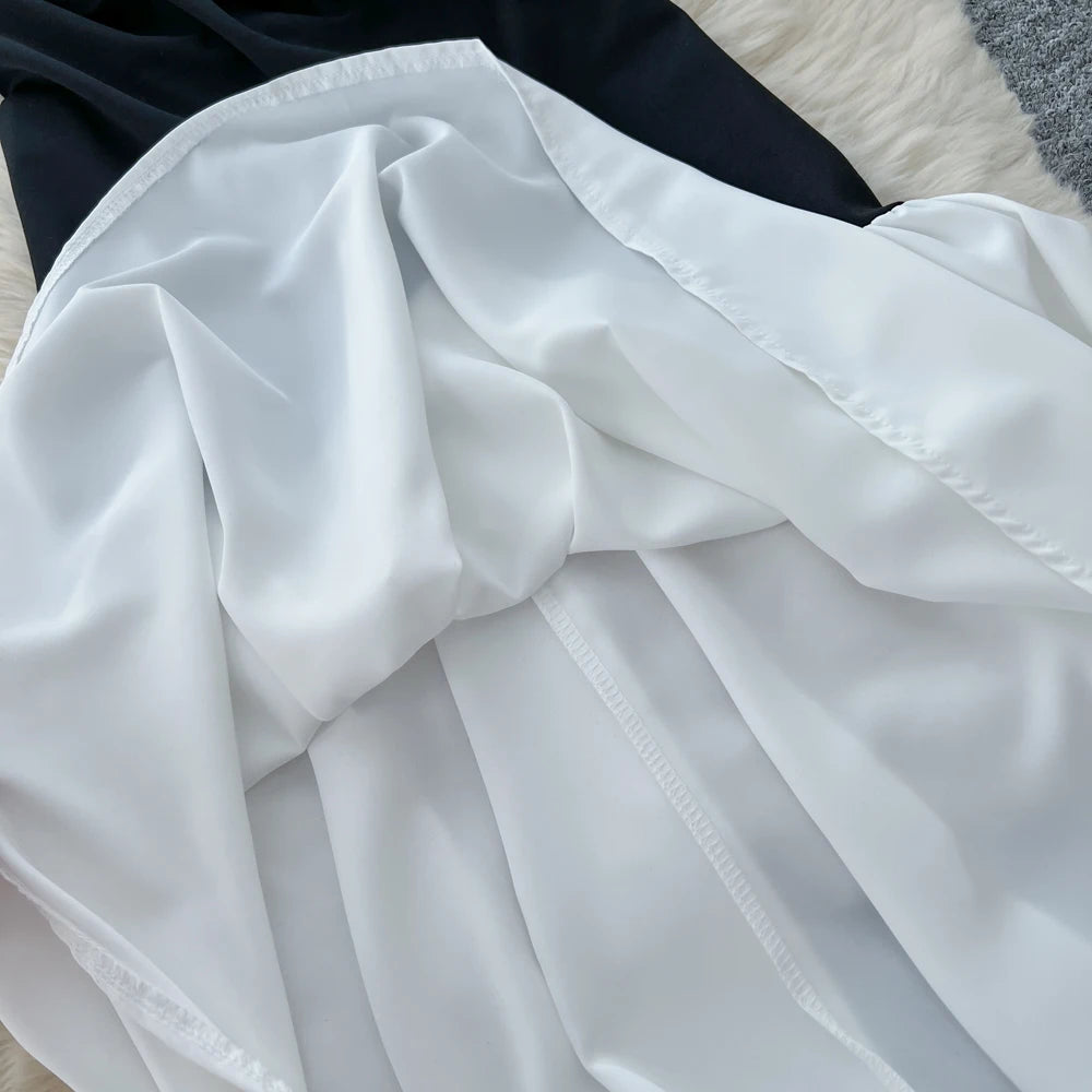 Elegant Pleated Mermaid Dress for Women Autumn Black White Patchwork Evening Party Dresses Autumn Slim Waist Prom Vestidos Robe