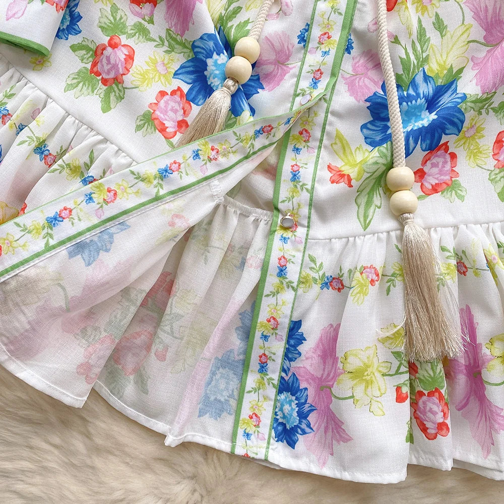 Clothes For Women Dresses 2024 Spring Ruffle Hem Vintage Floral Print Dress Stand Neck Long Sleeve Holiday Mini Dress With Belt