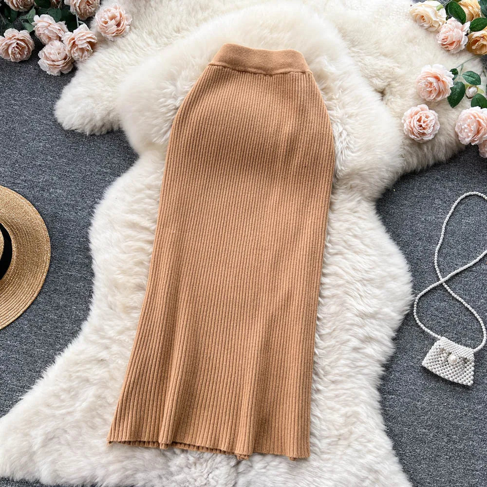 Women Elegant Chic Split Sexy Skirt Elastic Knit High Waist Fashion Vintage Pencil Skirt Black White Spring Autumn Clothing
