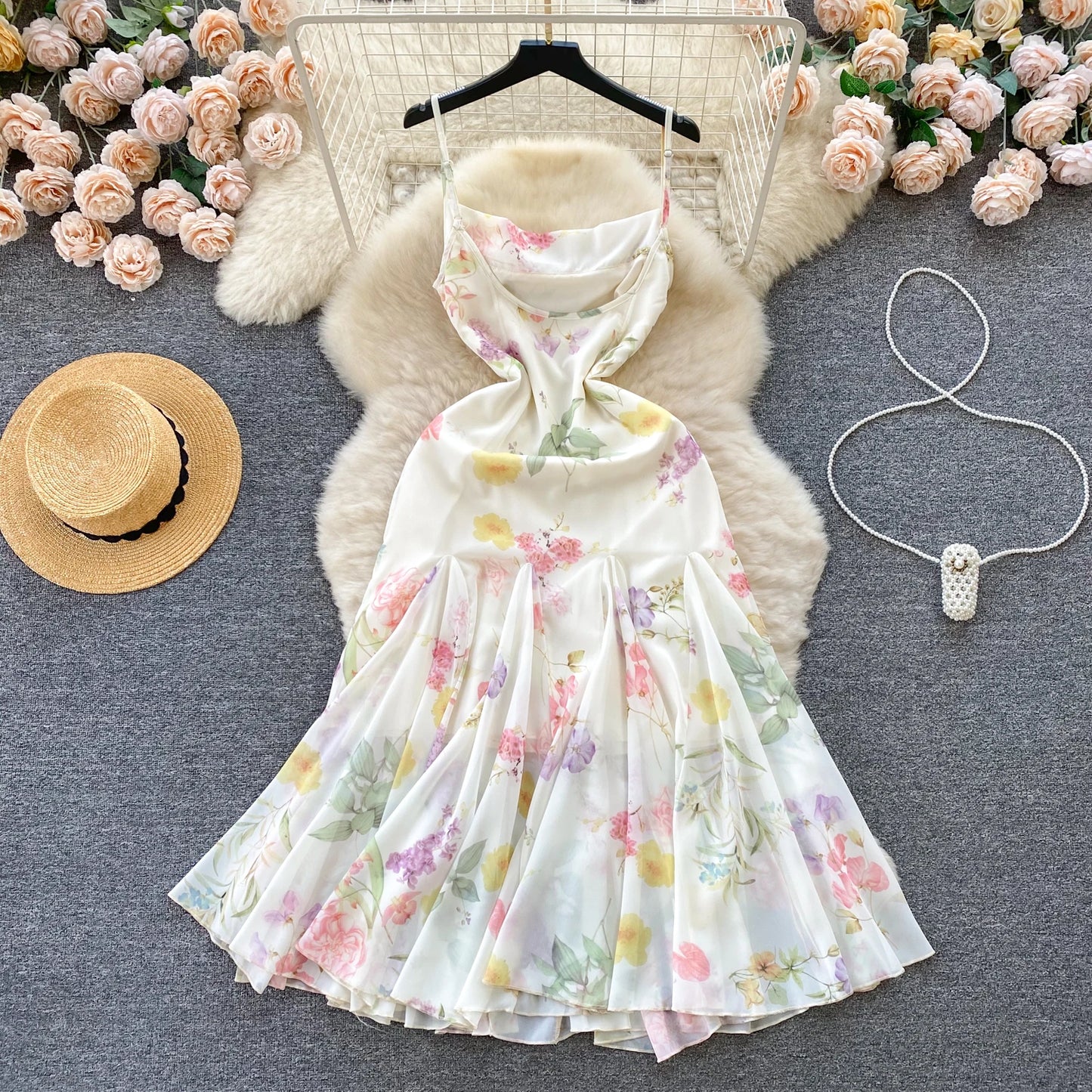 French Elegant Beach Dress 2024 New Women Sexy Floral Printed Slim Mid Length Ruffled Party Dresses Ladies Summer Long Robe
