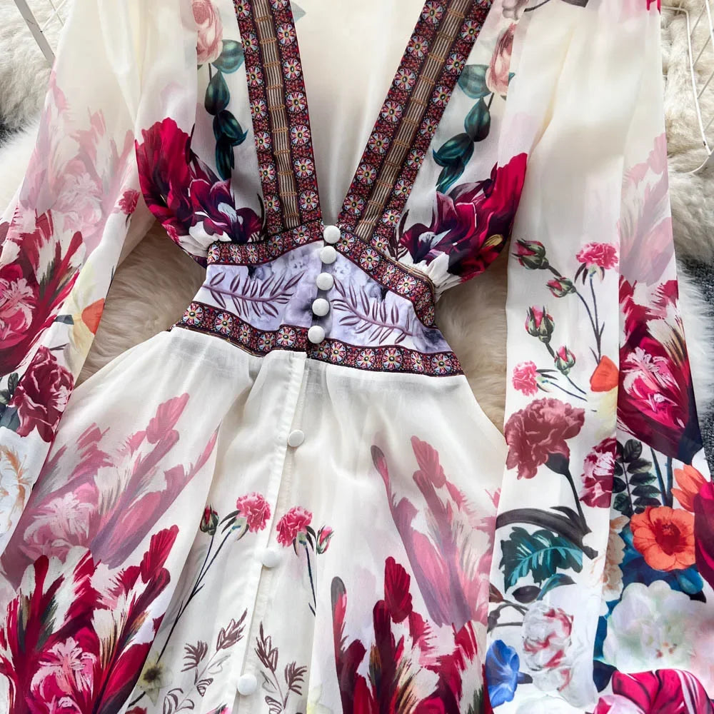 Retro Floral Print Pleated Elegant Chiffon Maxi Dress A-line Mesh V Neck Beach Vacation Party Dress Women Summer Spring Vestidos