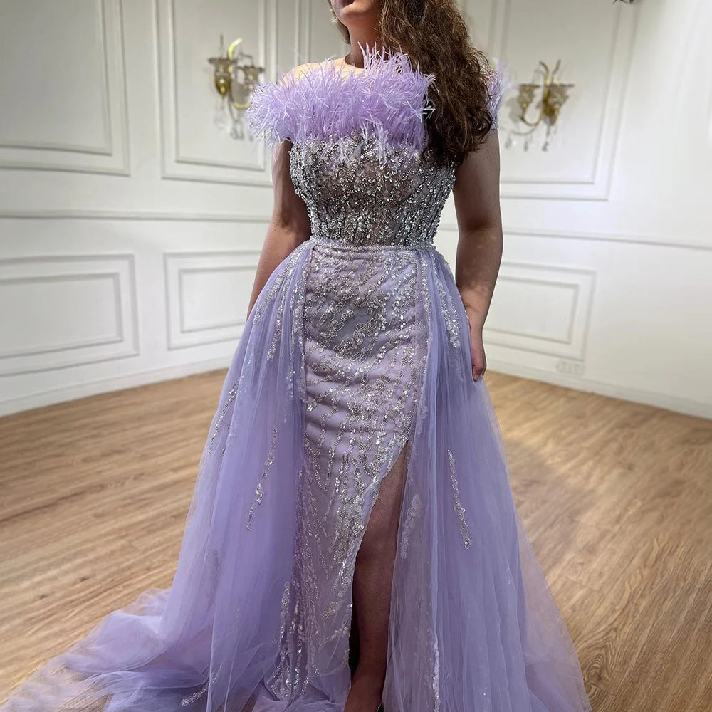 SERENE HILL 2024 Blue Feather Mermaid Luxury Beaded Evening Dresses Overskirt Formal Pink Gowns For Women Wedding Party GLA72061