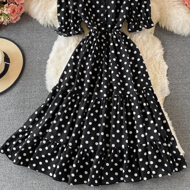 New Summer Women's Fashion Vintage Polka Dot Midi Dress Elegant and Chic A-Line Party Casual White Black Vestidos Female Robe