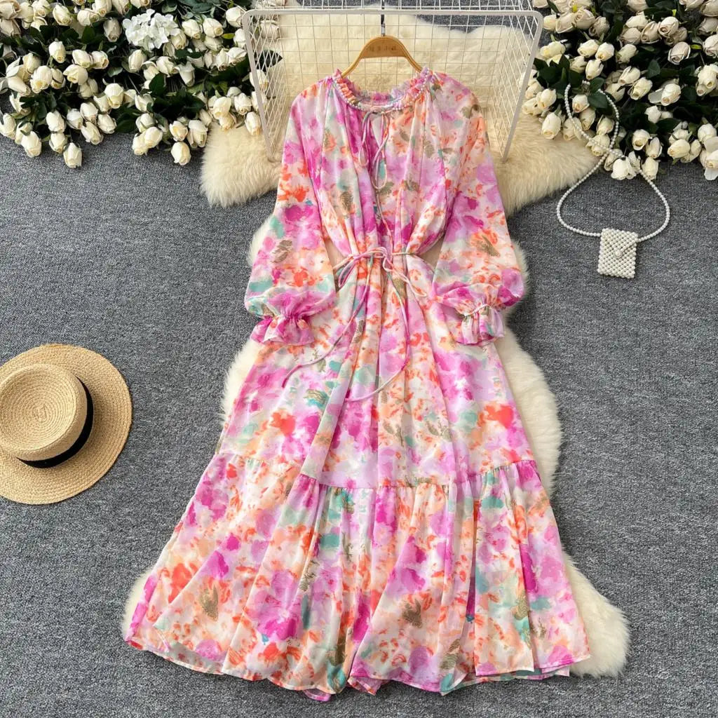 Elegant Floral Print Party Dress for Women French O-Neck Embroidered Flares Lace Up Lantern Long Sleeves Chiffon Long Dresses