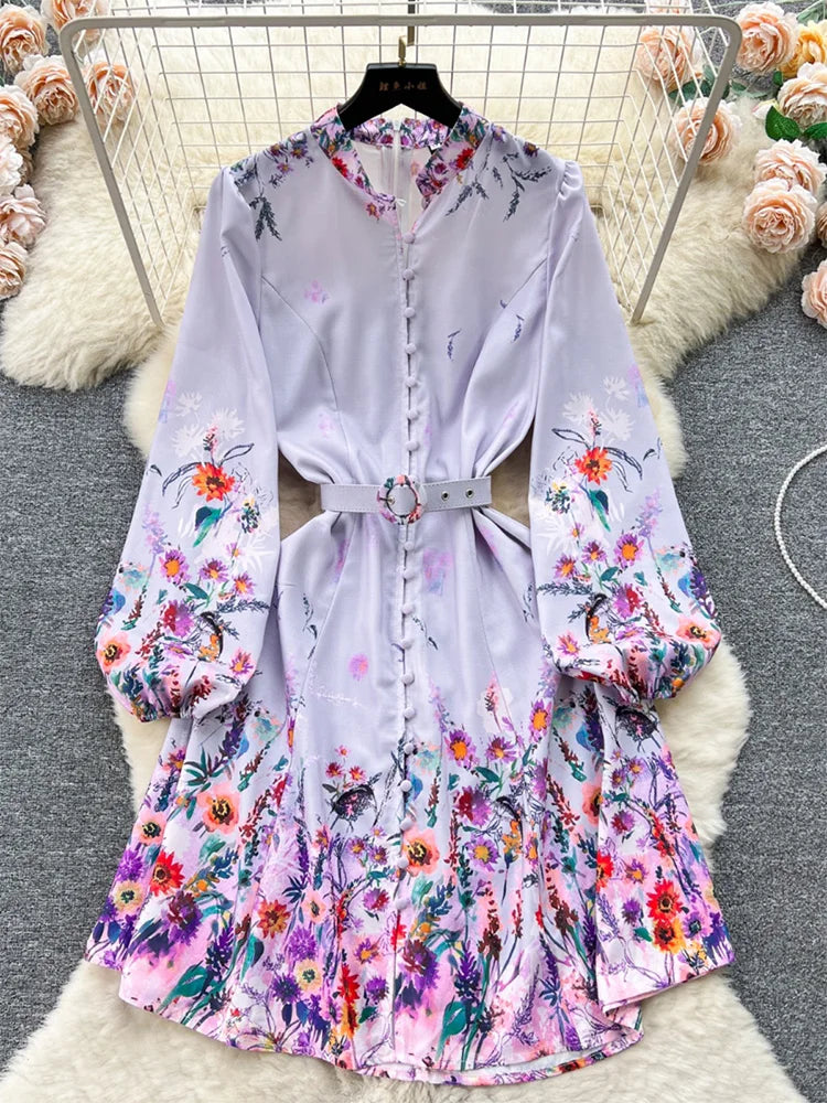 Spring Dresses 2024 Women Clothing Long Sleeve Party Elegant Dress With Belt Stand Collar Vintage Floral Print Holiday Dress