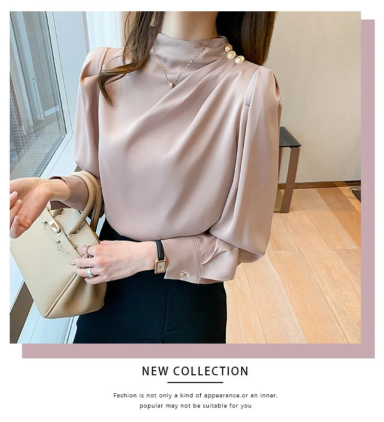 Autumn New Women's Style Stand up Collar Pleated Long Sleeve Top Fashion Lantern Sleeve Loose Elegant Solid Color Shirt Blouse