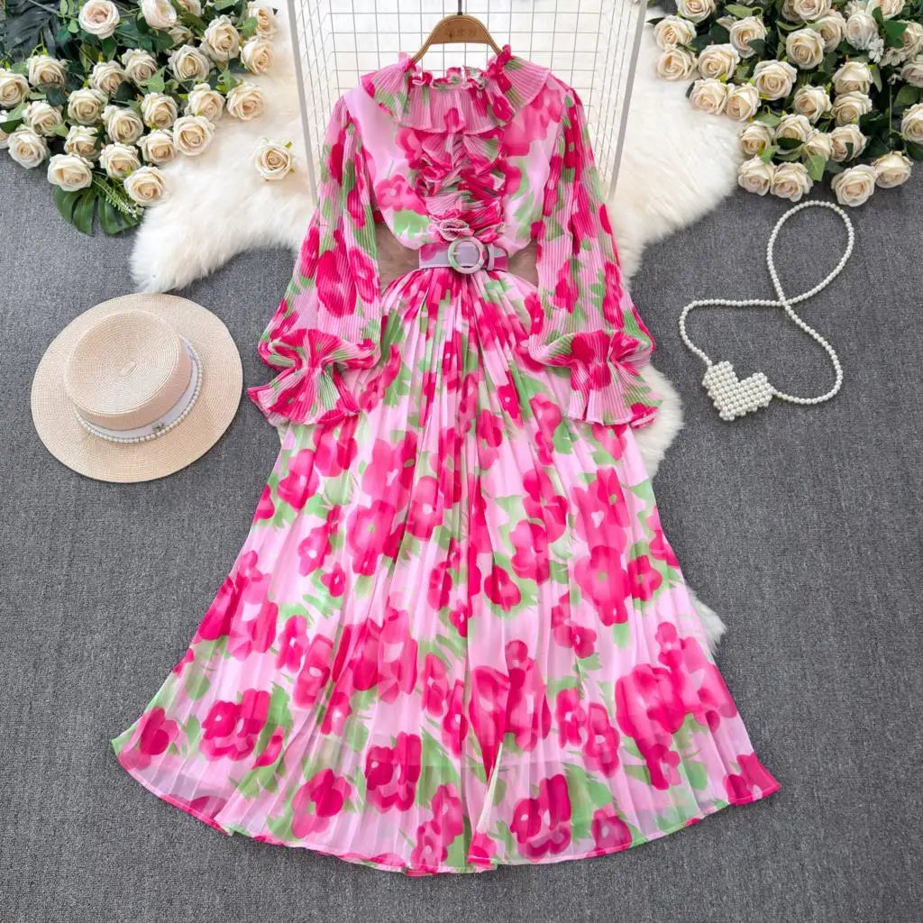 Summer Vintage Casual A-Line Floral Print Women Dress Elegant Chic Pleated Party Prom Vestidos with Belted Female Long Robe