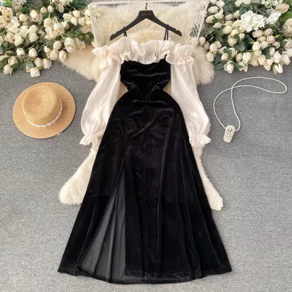 Sexy Bodycon Off Shoulder Party Dress Women Ruffles Velvet Patchwork Elegant Lady Fashion Prom Robe A-Line Vestidos Mujers New