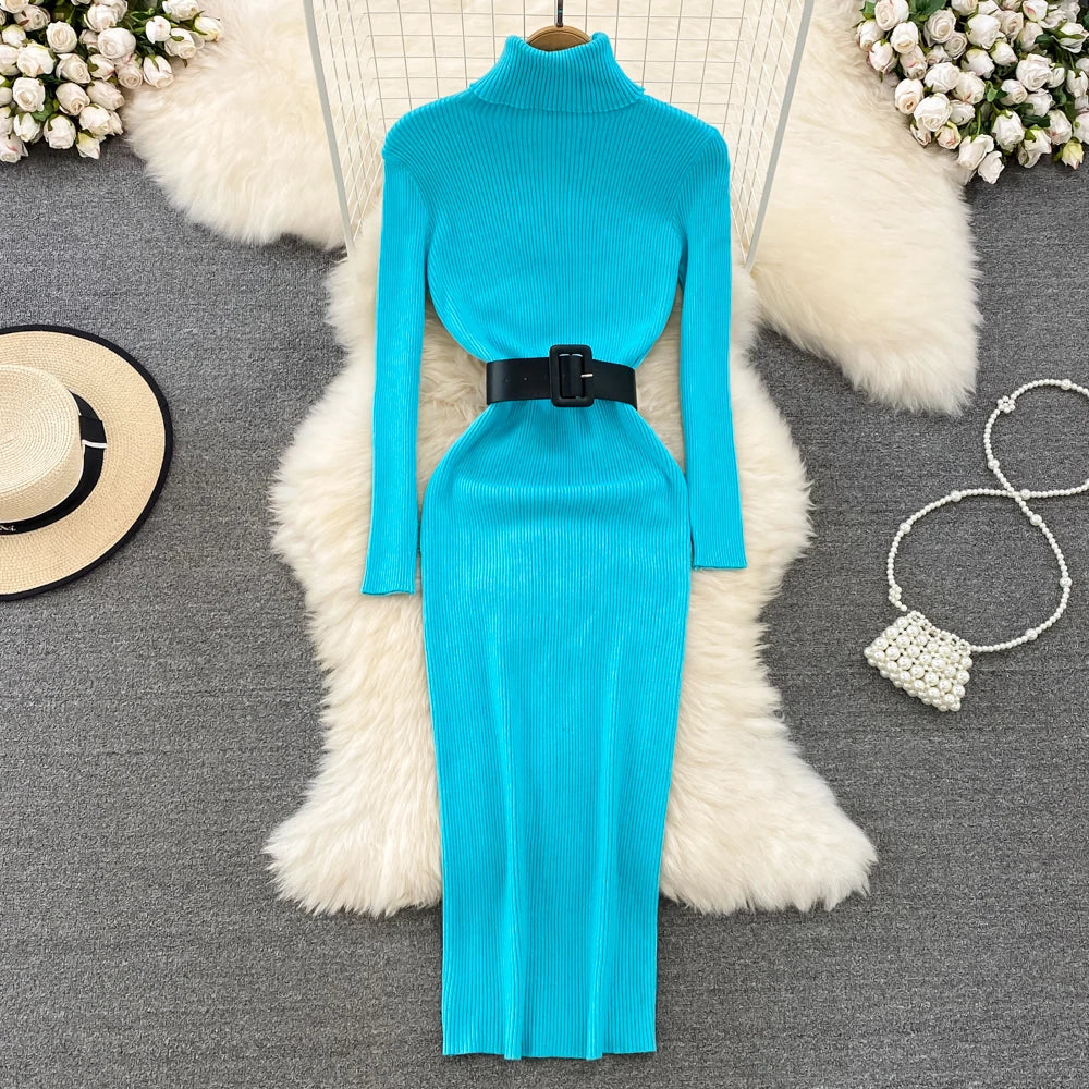 Elegant Turtleneck Long Sleeve Knit Soft Tight Pencil Dress with Belt Slim Fashion Warm Sweater Vestido Sexy Women Winter Robe