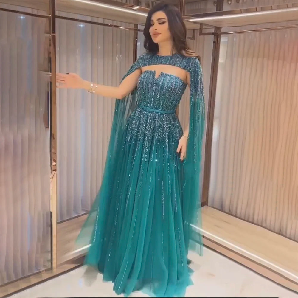 Arabic Green Cape Sleeves A Line Beaded Evening Dresses Long 2023 Celebrity Gowns For Woman Wedding Party BLA71912 Serene Hill