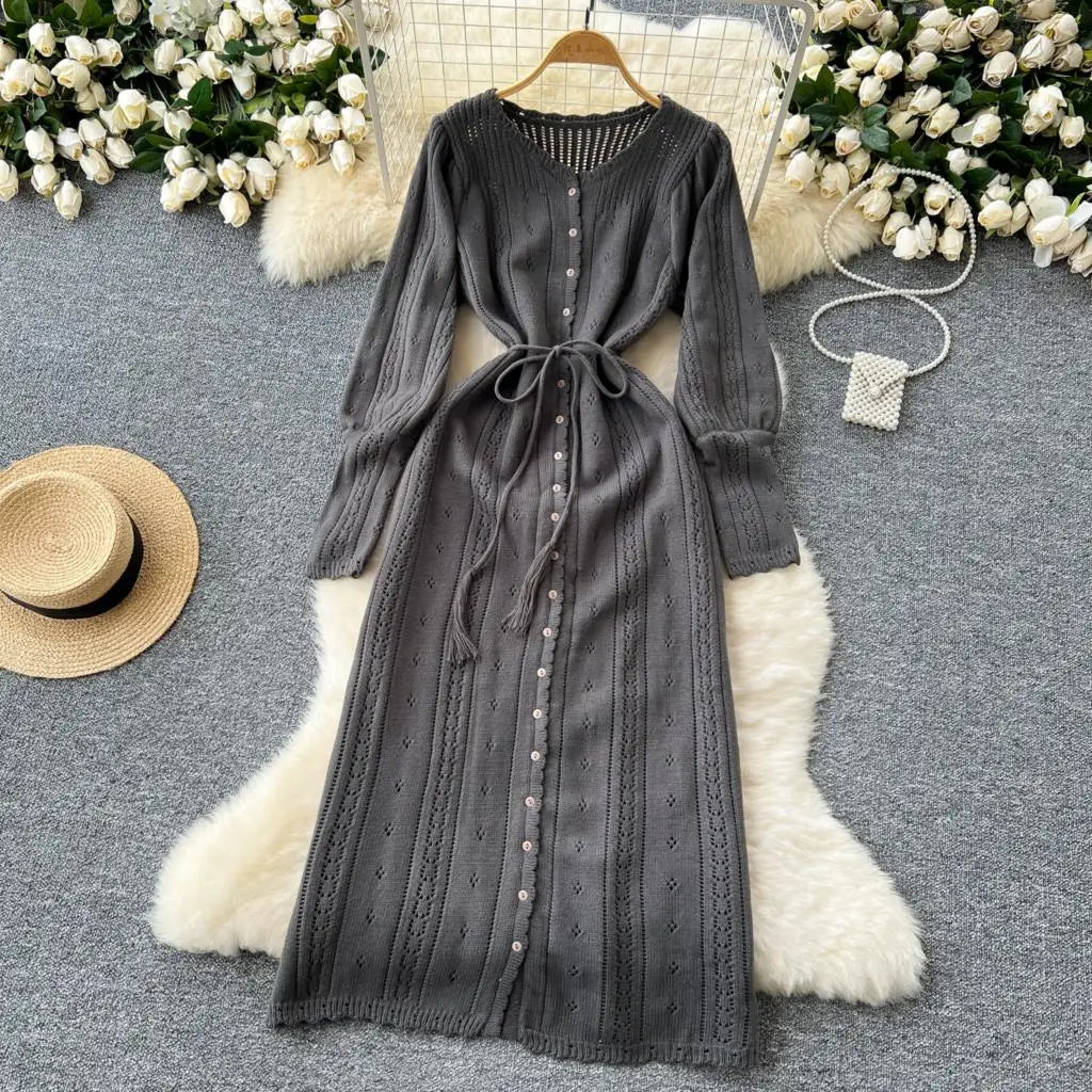 Elegant Autumn Solid Knitted Dresses for Women Sweet Hook Flower Hollow Strap A-line Korean Fashion Casual Vestidos Mujer New