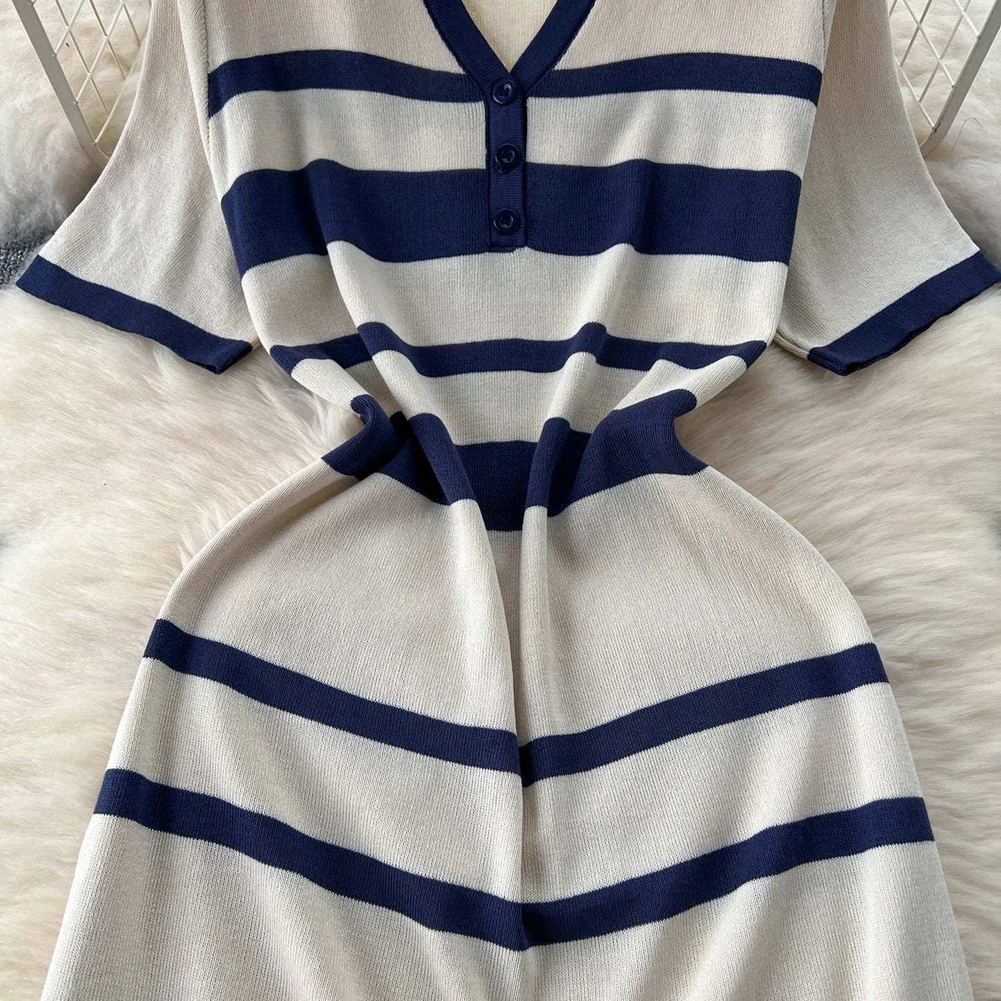 Sexy Chic short sleeve PATCHWORK v-Neck Striped Knit Dress Elegant Fashion Party Slim Summer A-line sweet dresses
