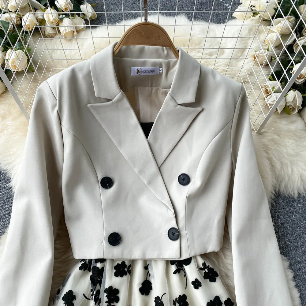 French Style Elegant Two Piece Sets Women Double Breasted Blazer Jacket + Mesh A-line Long Dress Fashion Korean Outfits