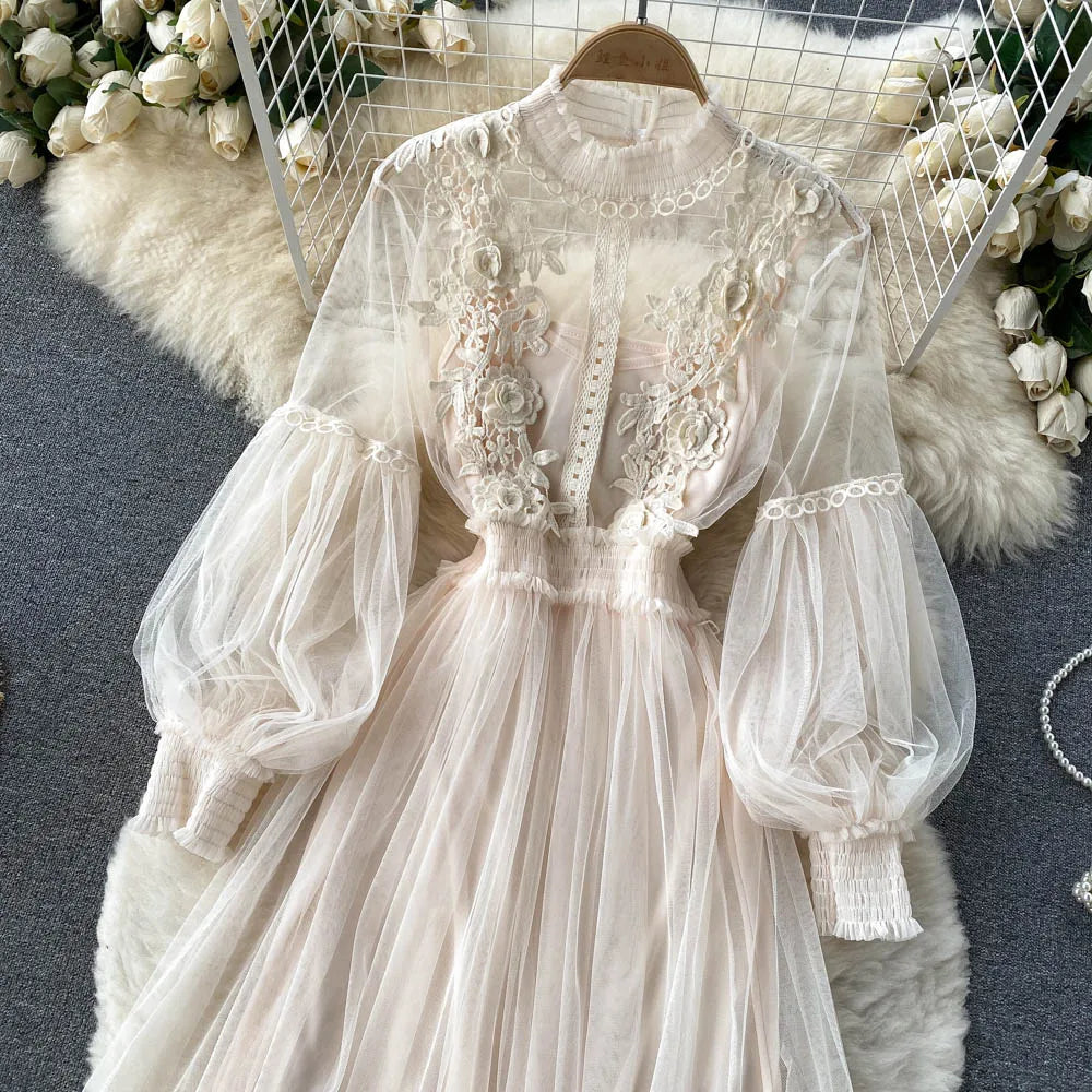 Retro Elegant Mesh Pleated two pieces Dress sets Sexy Fairy puff sleeve Summer Casual Vestidos Slim Women Evening Party Dress