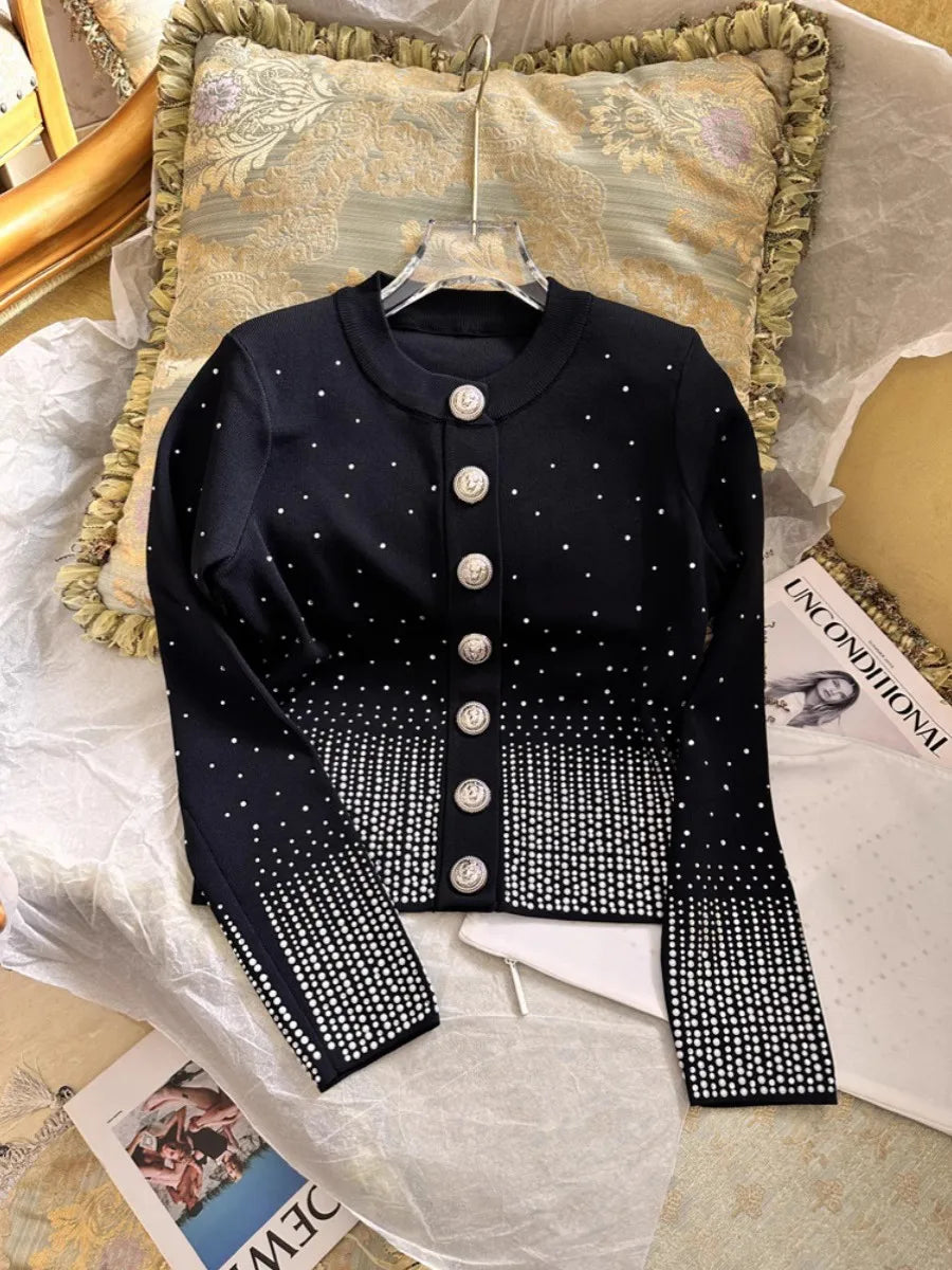 Rhinestone Decoration Knitted Cardigan Women Stylish Elegant Sweater Cropped Knit Jacket Single-breasted Chic Thin Coat Spring