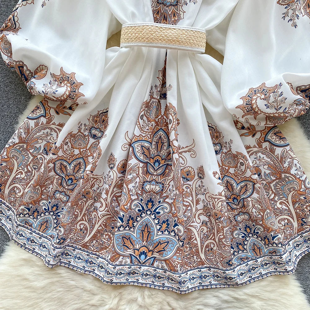 Holiday Dress For Women 2024 Bohemian Vintage Paisley Print Dress Spring 3/4 Sleeve V Neck Elegant Party Short Dresses With Belt