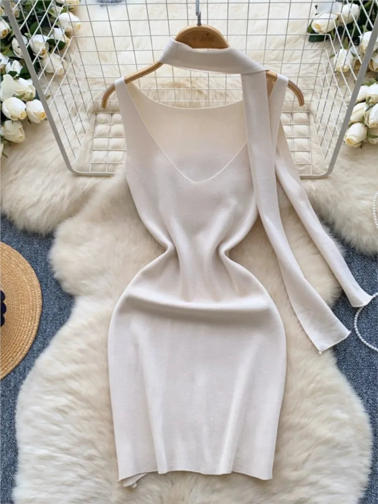 Sexy V-Neck Knitted Mini Dress for Women Elegant Spaghetti Strap Ribbon Slim Dresses One Piece Solid Female Clothes Autumn New