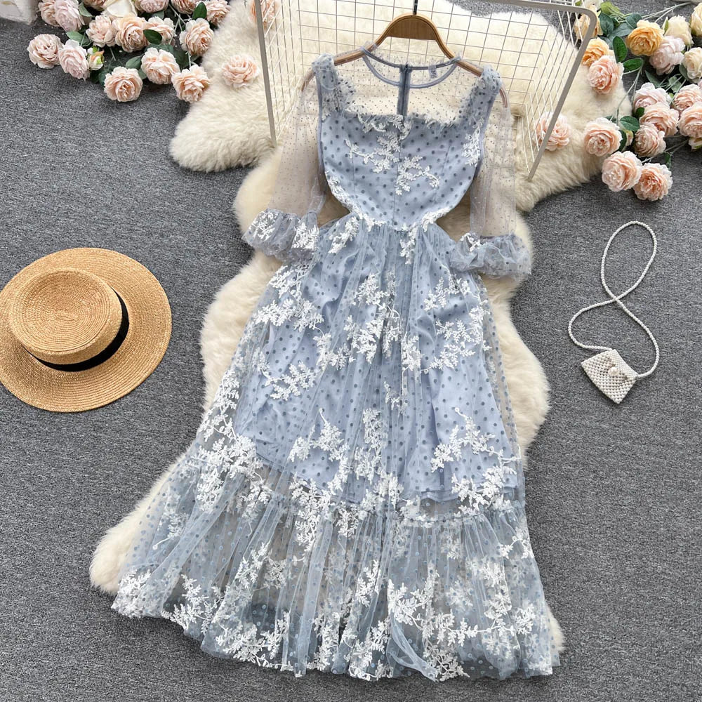 High Quality France Style Mesh Dress Women Long Ruffles Sleeves O Neck Embroidery Dot Zipper Ruched Gentle Party Sundress