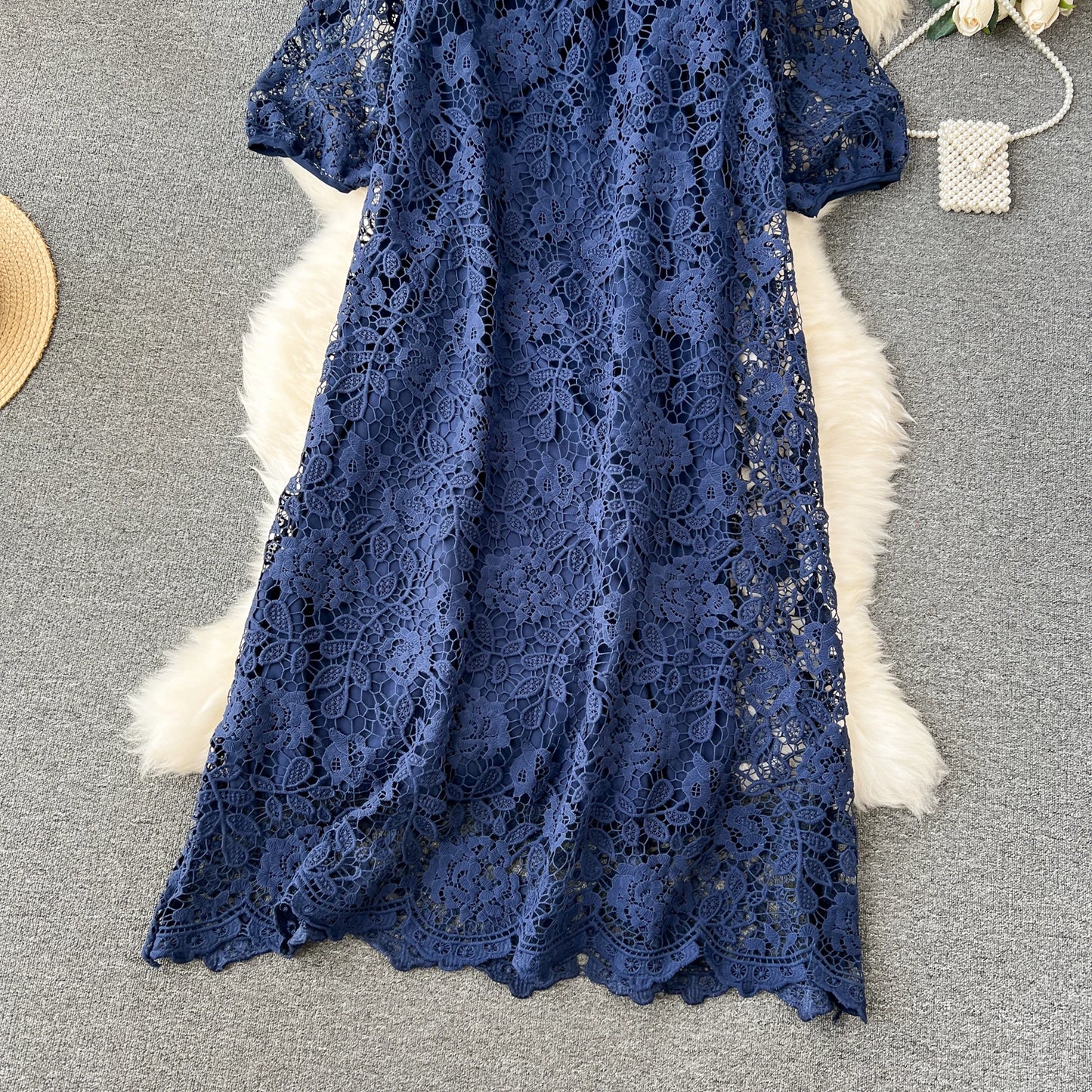 Chic Long Sleeve O Neck Lace Hook Flower Hollow Loose Dress Chiffon A-line Casual Dresses Fashion Women Elegant Vestidos