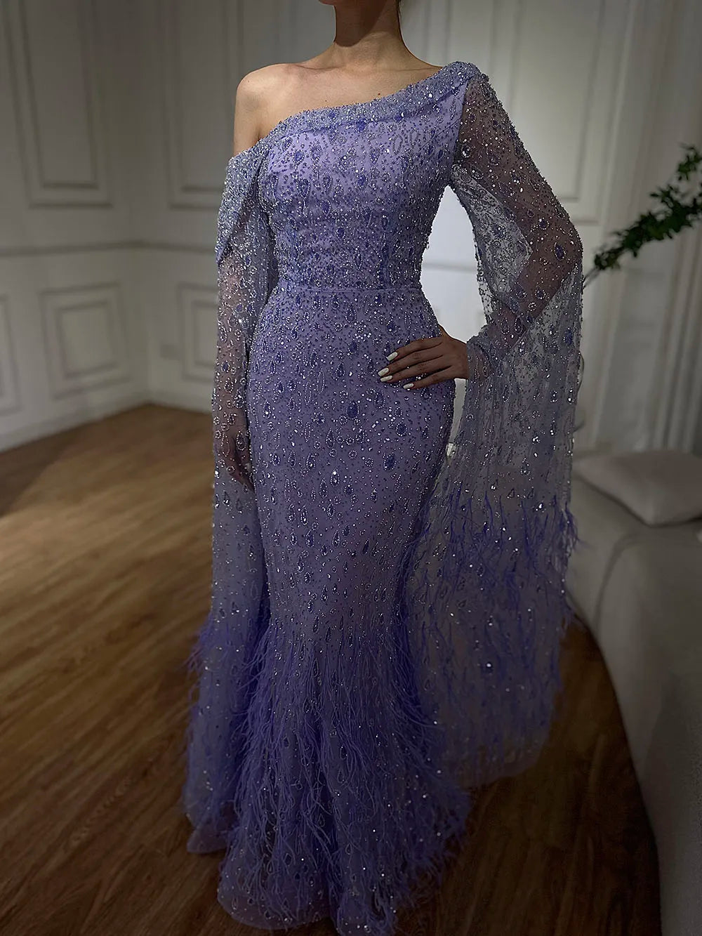 Serene Hill 2024 Arabic Rose Gold A-Line Cape Sleeve Feather Beaded Luxury Saudi Evening Gown for Formal Occasion LA72763