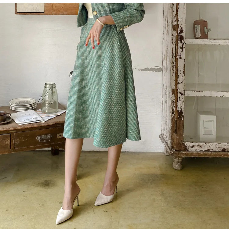 Elegant Temperament Two-Piece Set Tweed for Women Short Blazer Jacket +High Waist Swing Skirt Suits Green Korean Outfits