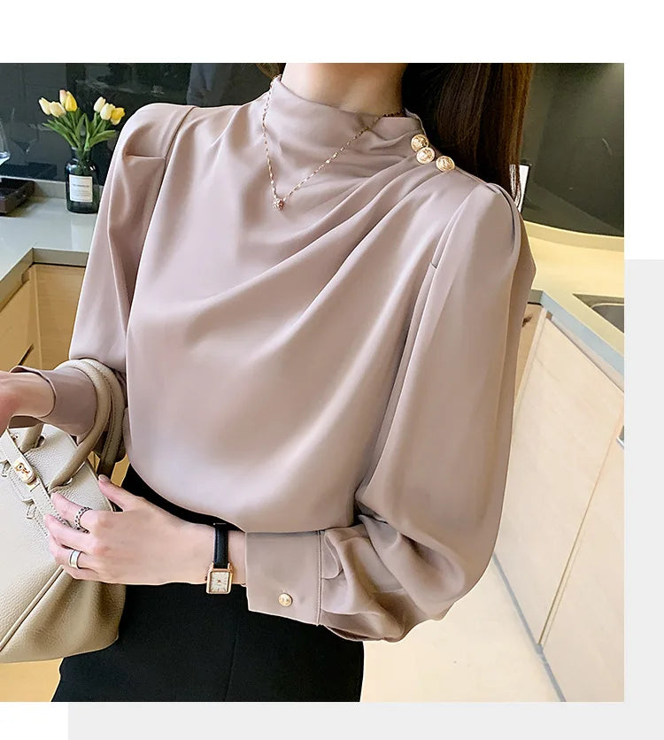 Autumn New Women's Style Stand up Collar Pleated Long Sleeve Top Fashion Lantern Sleeve Loose Elegant Solid Color Shirt Blouse