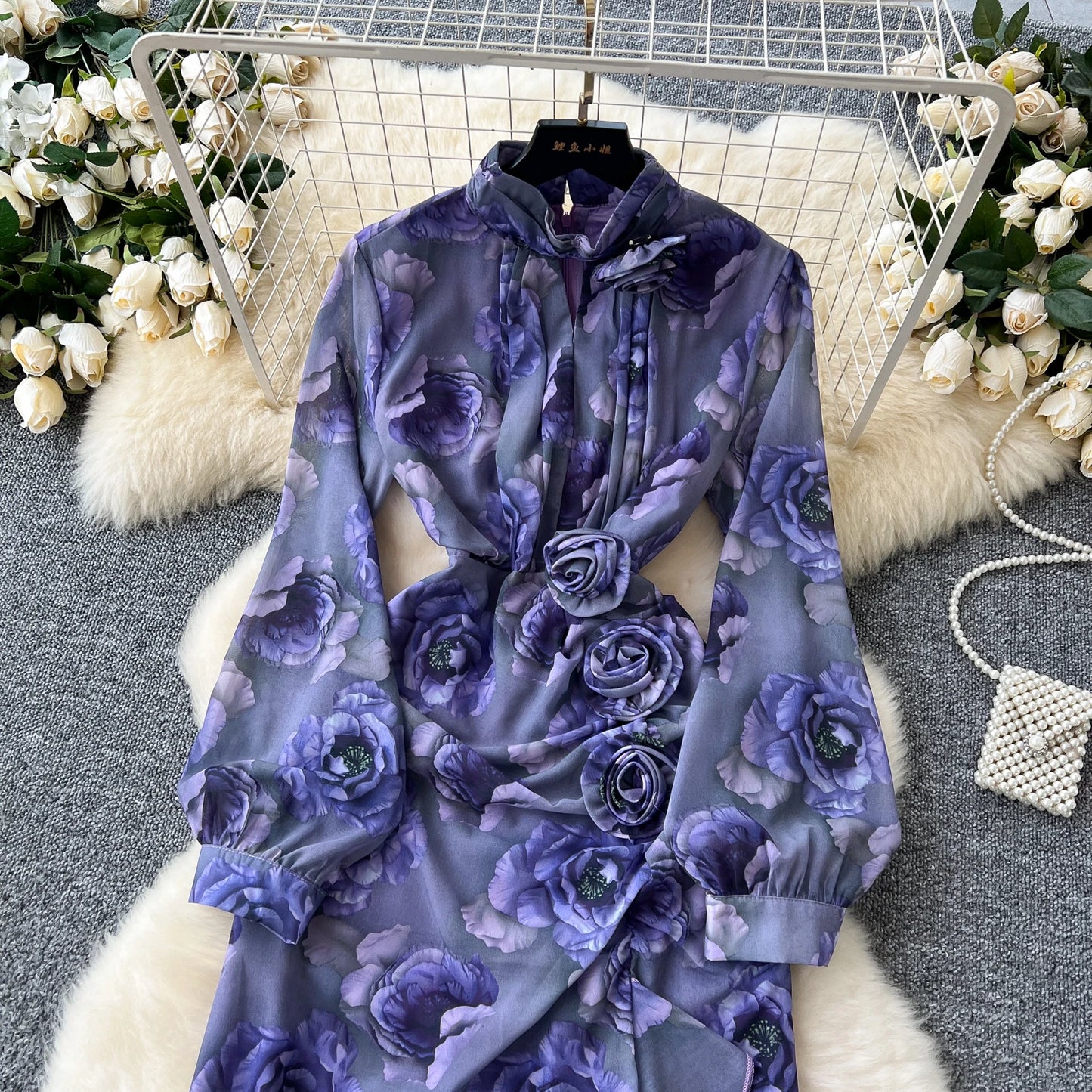 Chic French Sexy Pleated Floral Print Elegant Ruffle Dress Vintage Split Slim High Street Evening Women Autumn Winter Clothing