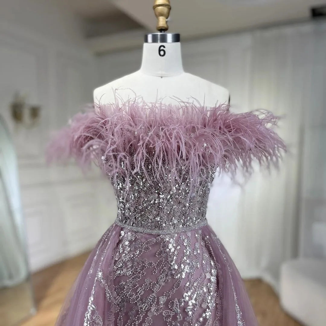 SERENE HILL 2024 Blue Feather Mermaid Luxury Beaded Evening Dresses Overskirt Formal Pink Gowns For Women Wedding Party GLA72061