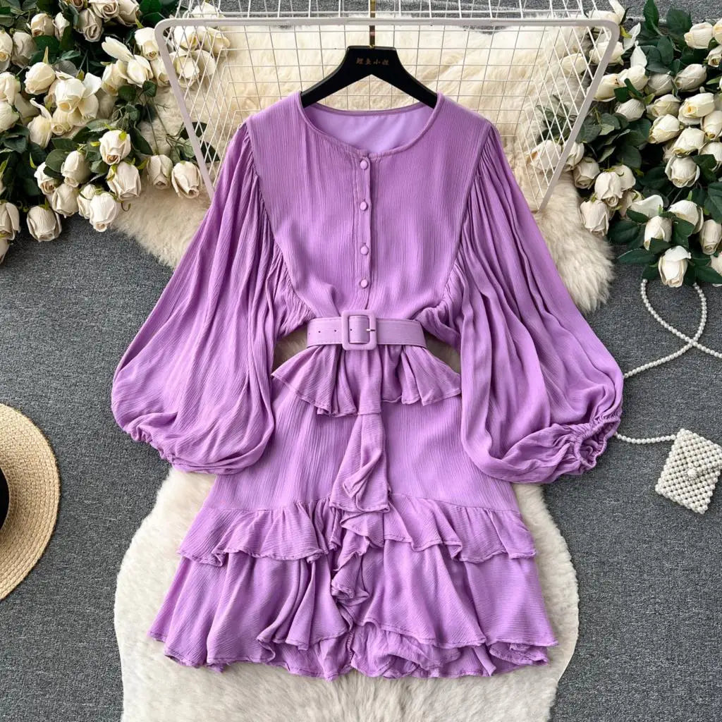 Vintage Puff Sleeve Ruffle Dress Women O-Neck A-Line Elegant Casual Party Prom Dresses Korean Autumn Fashion Female Vestidos New