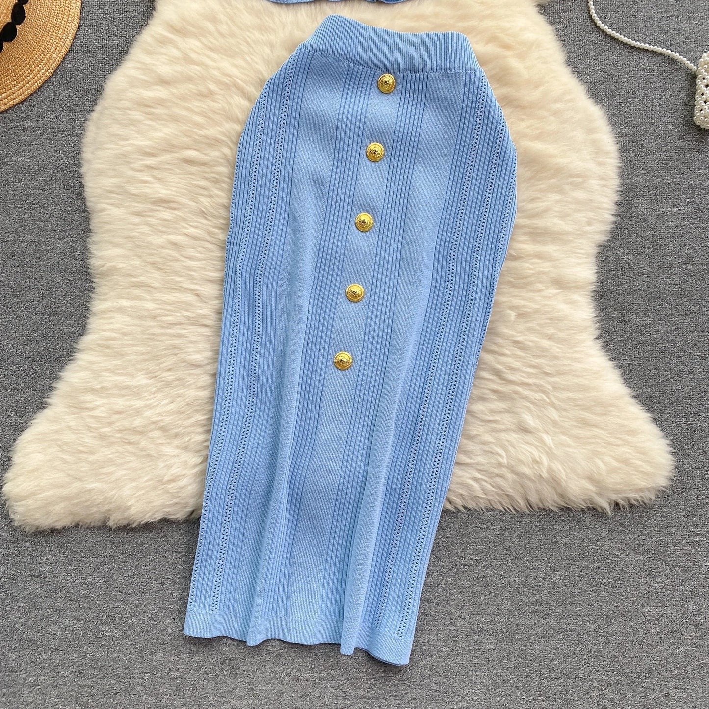 Women Chic Two Pieces Sets High Waist Sexy Pencil Wrap Pencil Skirt with Short Sleeve Knit Pullover Slim Fashion Sweater Set