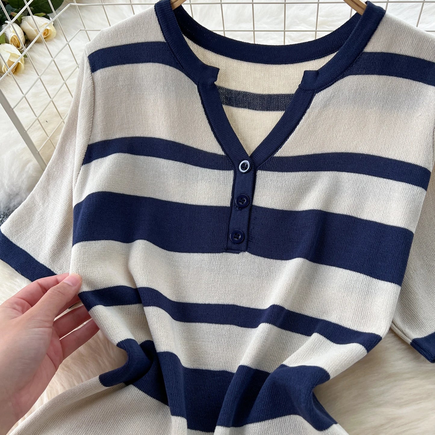 Sexy Chic short sleeve PATCHWORK v-Neck Striped Knit Dress Elegant Fashion Party Slim Summer A-line sweet dresses