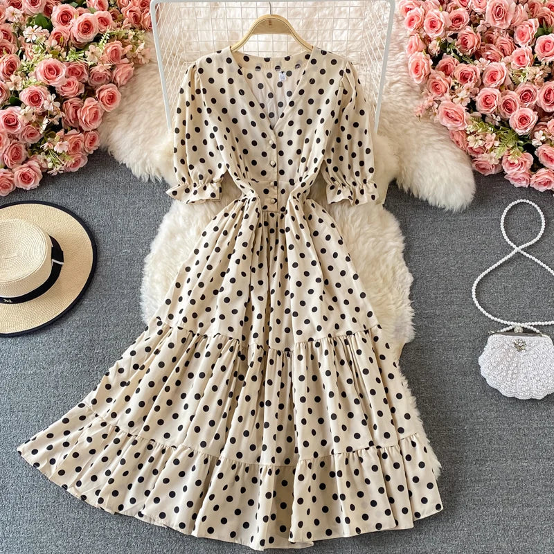 New Summer Women's Fashion Vintage Polka Dot Midi Dress Elegant and Chic A-Line Party Casual White Black Vestidos Female Robe
