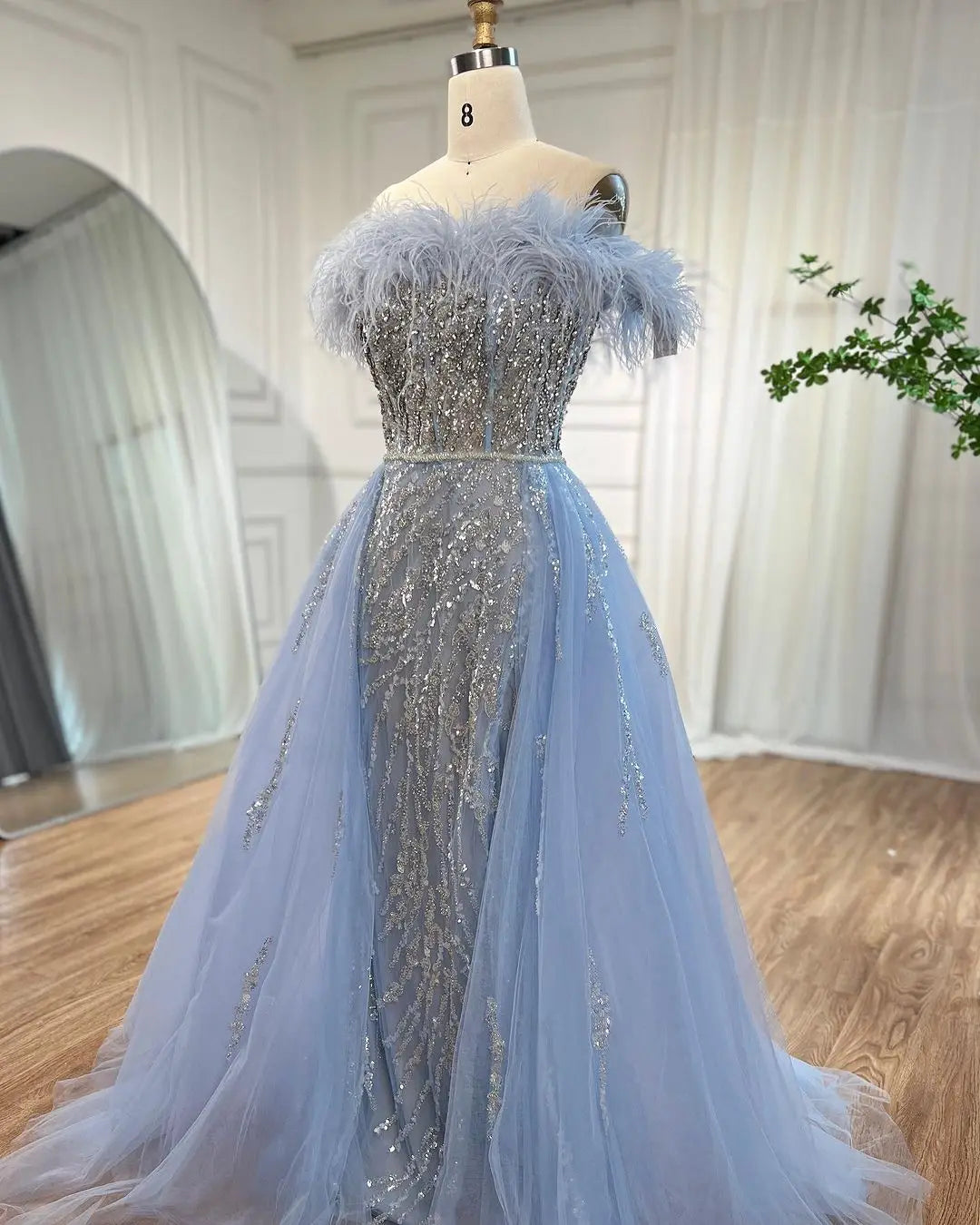 SERENE HILL 2024 Blue Feather Mermaid Luxury Beaded Evening Dresses Overskirt Formal Pink Gowns For Women Wedding Party GLA72061