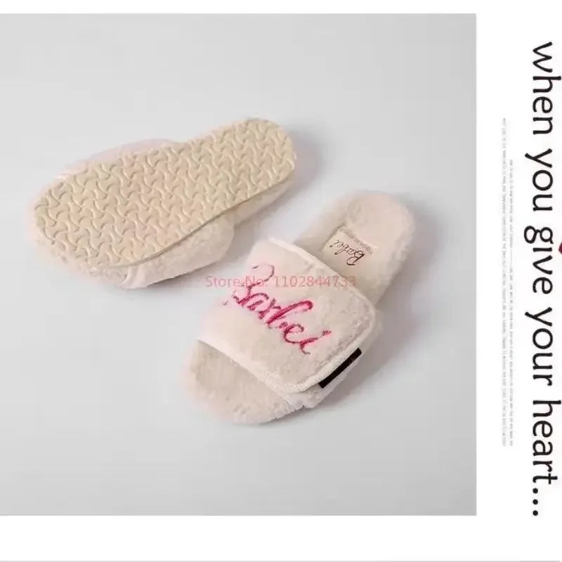 2024 Barbie Plush Kawaii Slippers Women's Y2k Autumn Winter Warm Home Indoor Thick Bottom Flat Bottom Open Toe Slippers Cute Sho