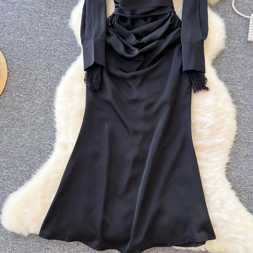 Elegant Solid Satin Midi Dress for Women Autumn Long Sleeve Lace Patchwork Office Work Shirt Dresses Lace-up Slim Waist Vestidos