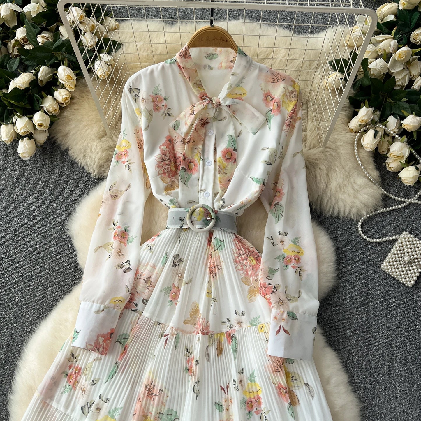 French Vintage Ruffle Lace-up Bow Puff Sleeves Long Sleeves Dress korean fashion Casual Women Fashion summer dresses