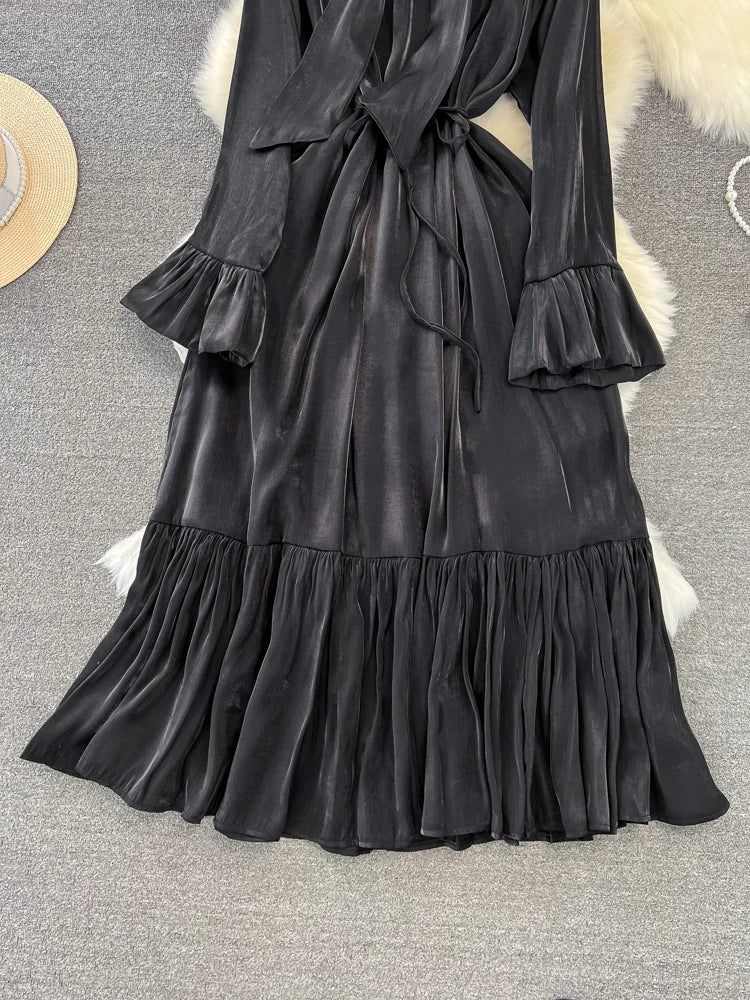 Elegant and Chic Solid Evening Dresses for Women Fashion New Bow Lace Up Flare Long Sleeve A-Line Vestidos Autumn Female Clothes