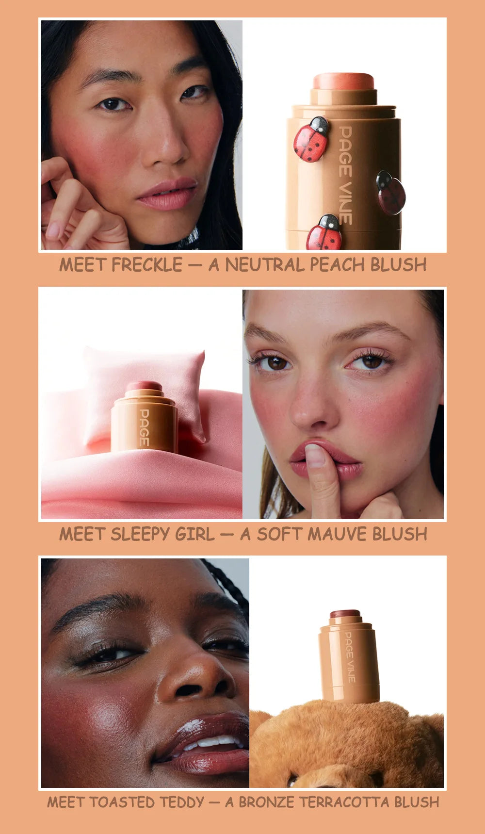 PAGE VINE Pocket Blush Stick Multi-Functional 6 Colors Lip & Cheek Highlighter Waterproof Natural Glow Balm
