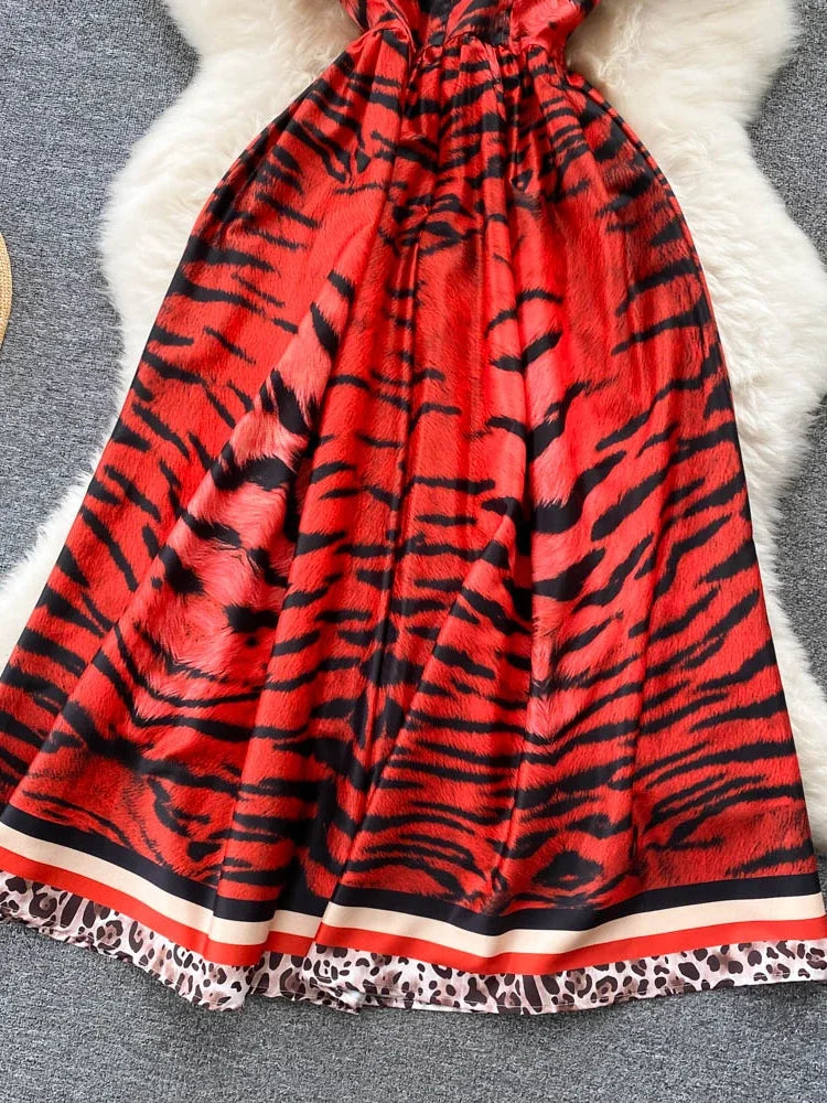 Women Vintage Party Dress Summer Leopard Print Three-dimensional Midi Dresses Ladies Elegant A Line High Waist Long Robe