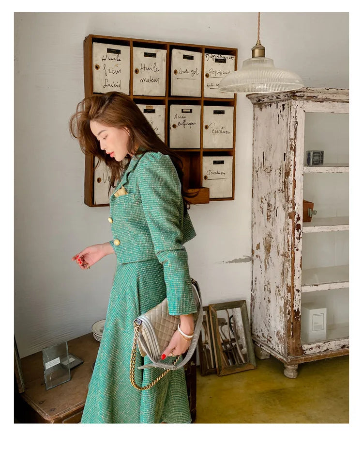 Elegant Temperament Two-Piece Set Tweed for Women Short Blazer Jacket +High Waist Swing Skirt Suits Green Korean Outfits