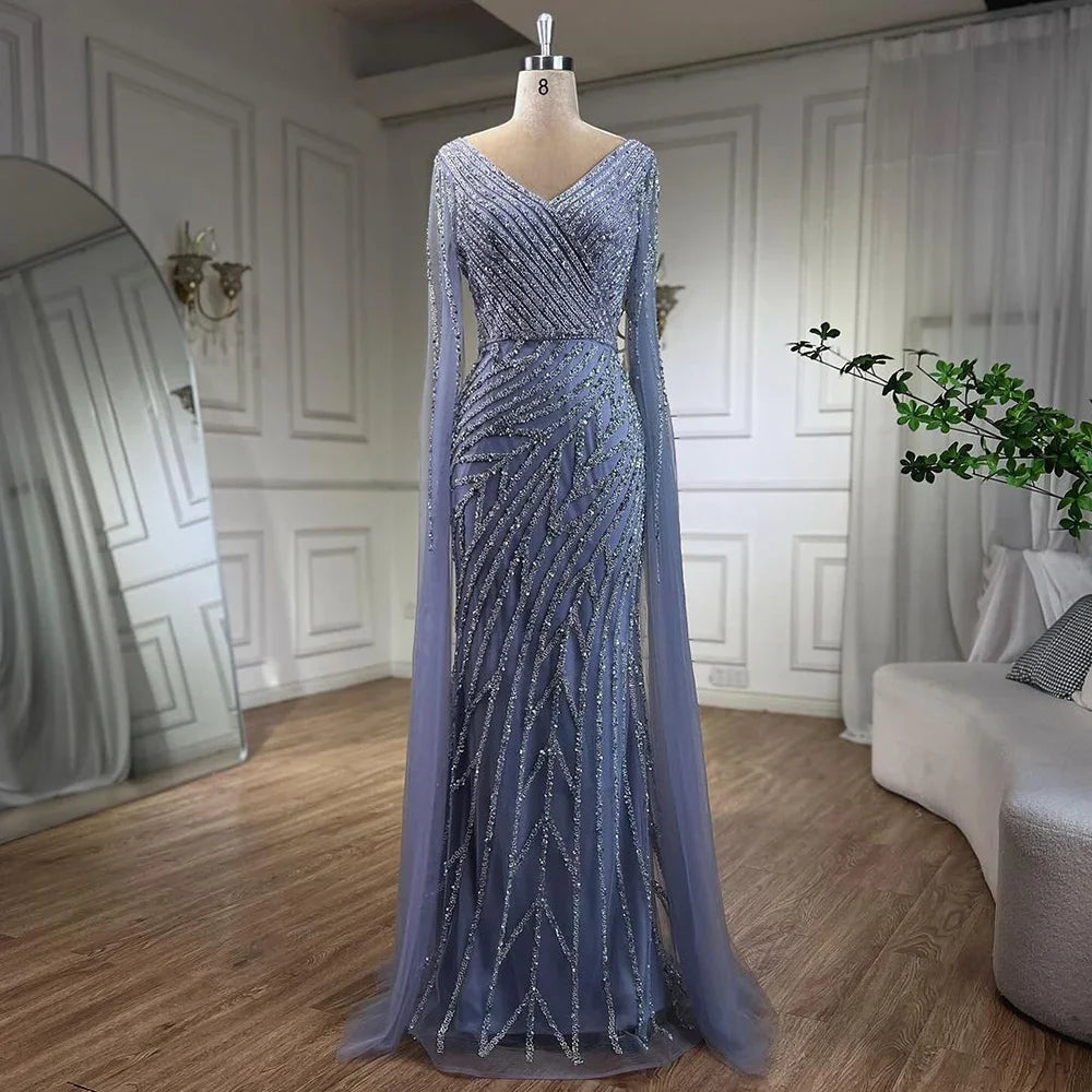 SERENE HILL 2024 Arabic Dubai Caramel Mermaid Luxury Beaded Evening Dresses Cape Sleeves Gowns For Women Wedding Party GLA71493A