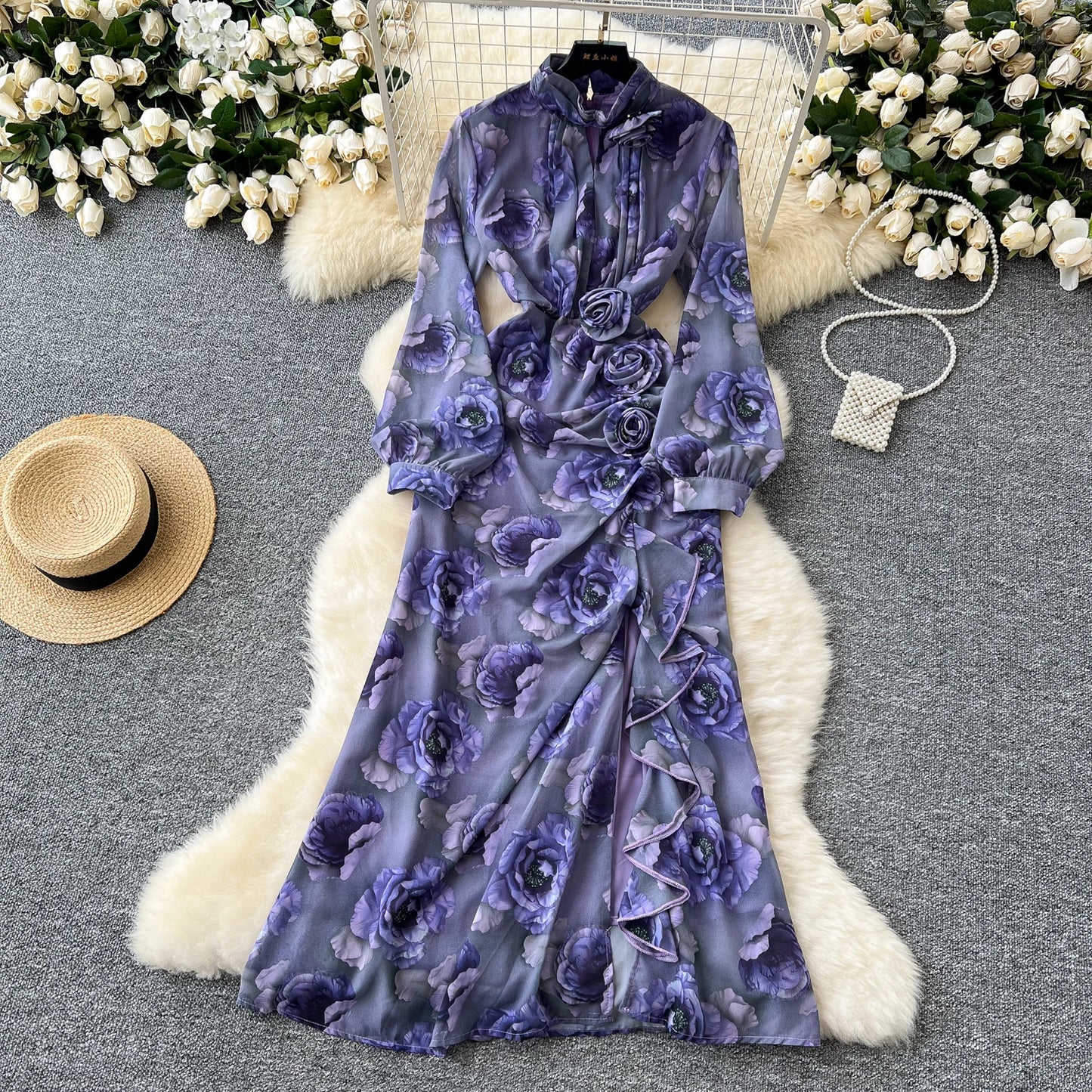 Chic French Sexy Pleated Floral Print Elegant Ruffle Dress Vintage Split Slim High Street Evening Women Autumn Winter Clothing