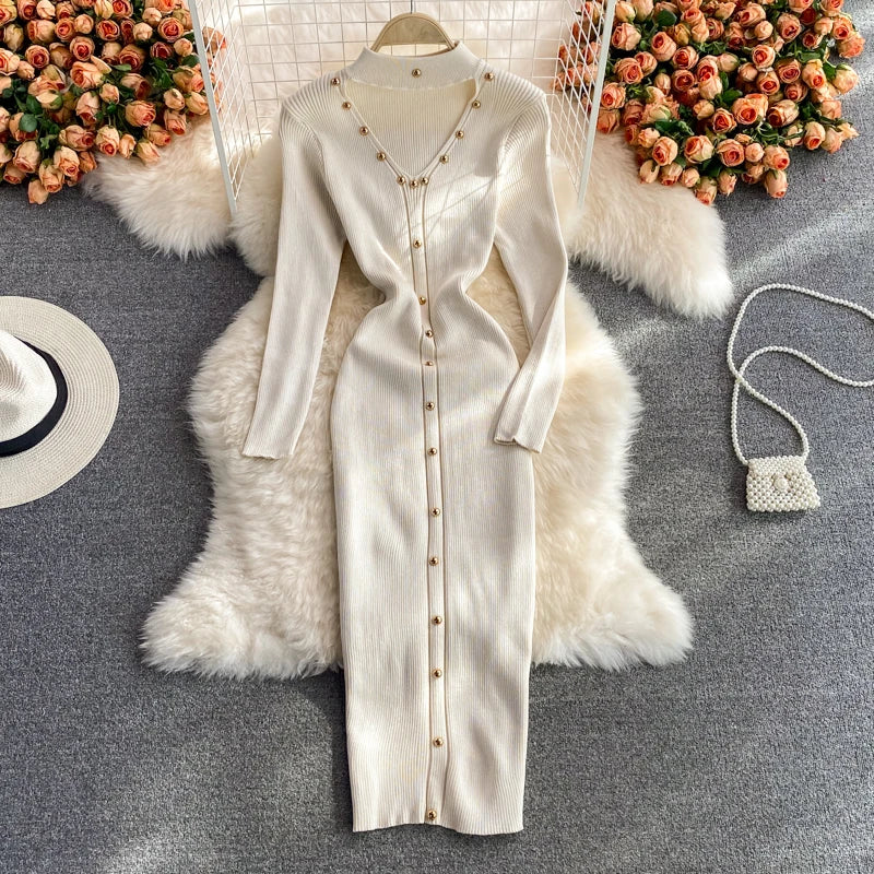 Women Chic Hollow Elegant Long Sleeve Bodycon Dress Sexy Party French Fashion Knit Wrap Vestidos Tight Slim Pencil Dress