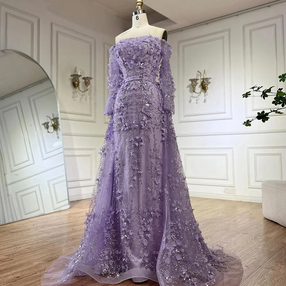 Serene Hill 2024 Pink Strapless Back Lace-Up Mermaid Evening Gown with Overskirt and Appliques for Women | Wedding Party LA72641